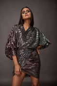 Load image into Gallery viewer, Rust & Green Pleated Metallic Overlap Drape Short Dress