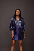 Load image into Gallery viewer, Purple Pleated Metallic Cape Style Short Dress
