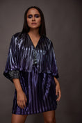 Load image into Gallery viewer, Purple Pleated Metallic Cape Style Short Dress