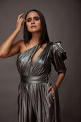 Load image into Gallery viewer, Grey One Shoulder Puffed Sleeve Metallic Foil Jumpsuit With Sash Belt