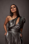 Load image into Gallery viewer, Grey One Shoulder Puffed Sleeve Metallic Foil Jumpsuit With Sash Belt