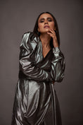 Load image into Gallery viewer, Grey Puffed Sleeve Overlap Drape Metallic Foil Jumpsuit With Sash Belt
