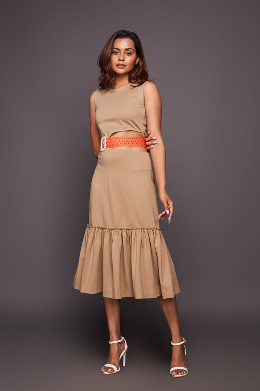 Beige Dress With Gathered Bottom And Belt