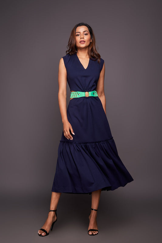 Navy Blue Cutout Dress Comes With Belt