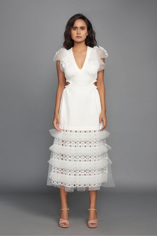 White Dress With A Cut Out At The Waist With Net Pleating And Cutwork On The Bottom