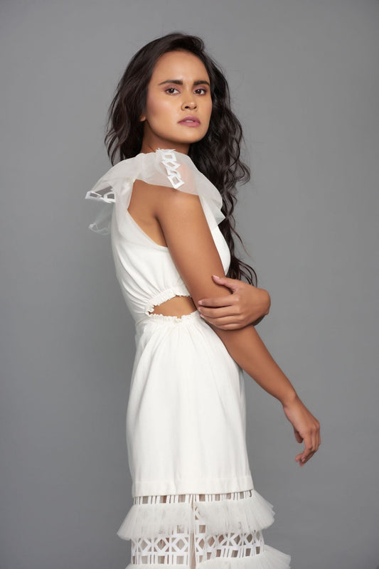 White Dress With A Cut Out At The Waist With Net Pleating And Cutwork On The Bottom