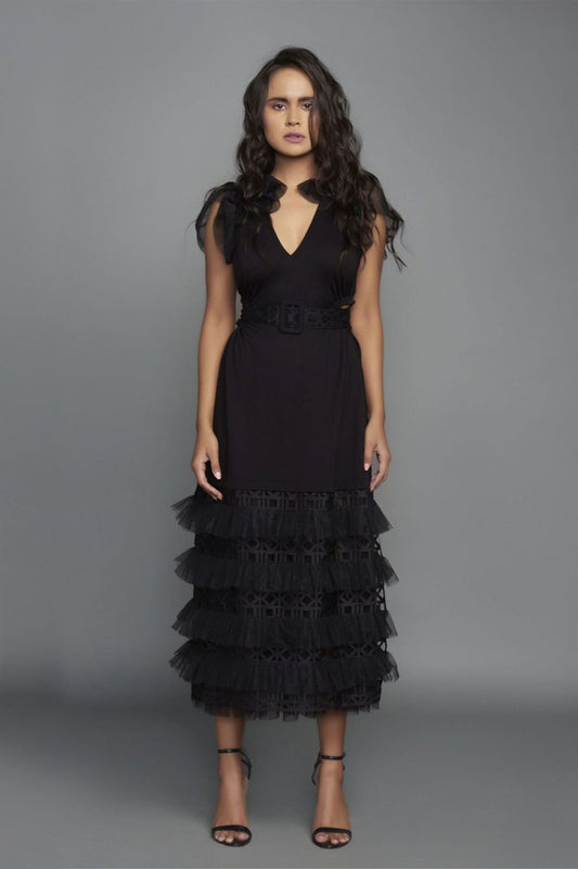 Black Dress With A Cut Out And Cutwork On The Bottom
