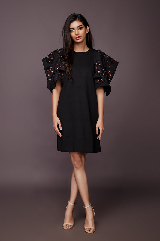 Black Shift Dress With Neon Cutwork Sleeves