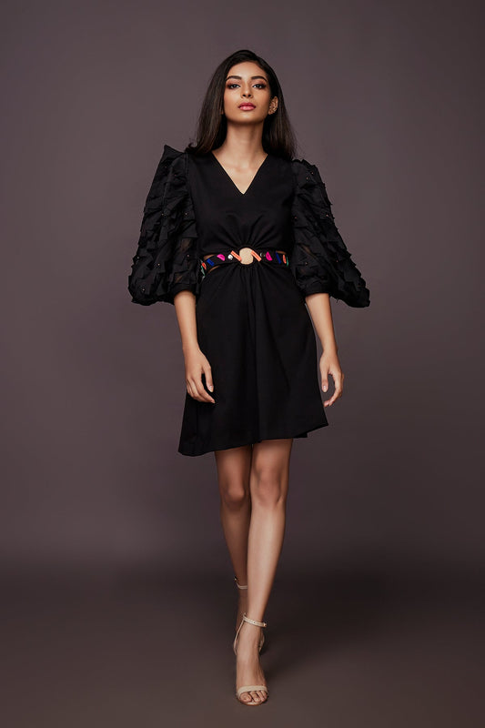 Black Dress With Embroidered Cutwork And Detachable Belt