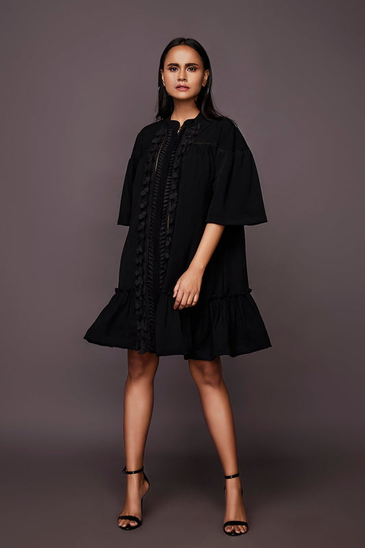 Black A-Line Dress With Embroidered Cutwork