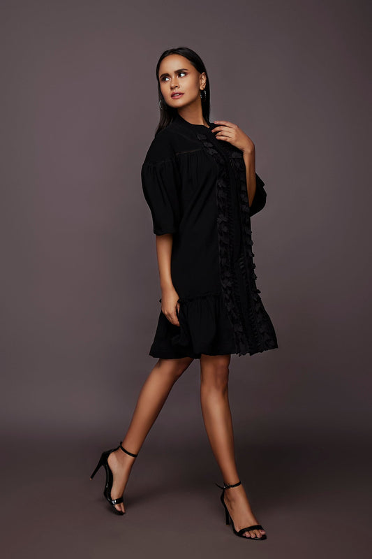 Black A-Line Dress With Embroidered Cutwork