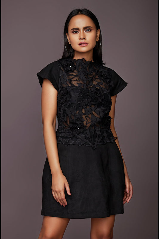Black Short Dress With Embroidered Applique