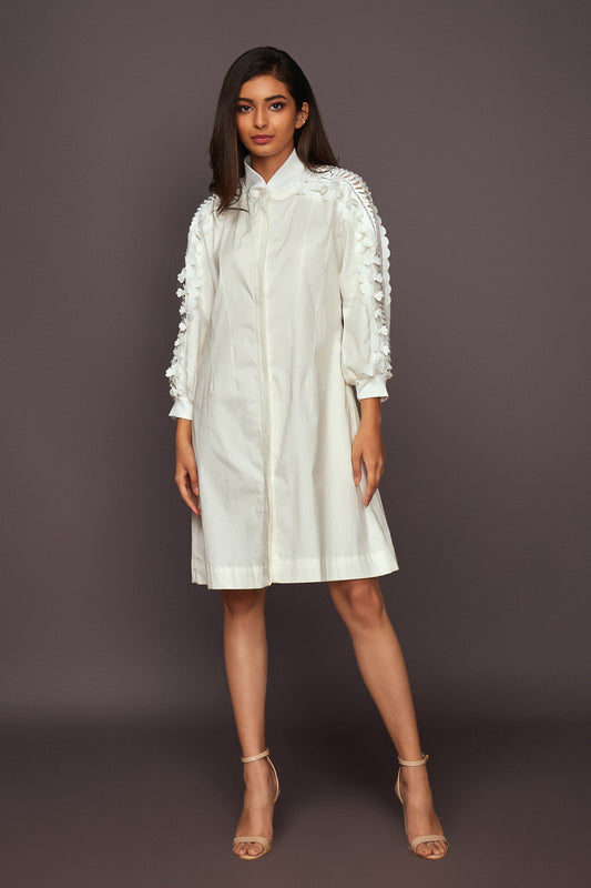 White A-Line Dress With 3D Cutwork Detailing