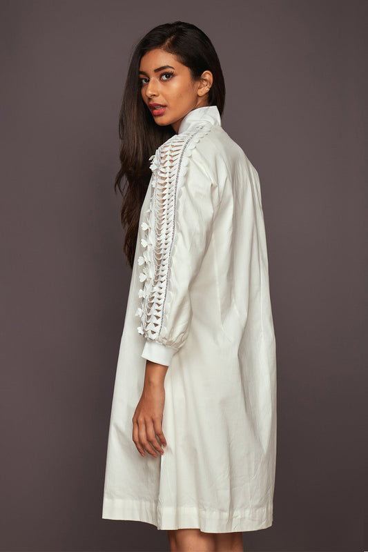 White A-Line Dress With 3D Cutwork Detailing