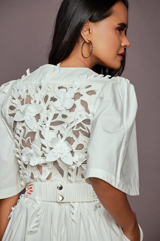 White Cotton Playsuit With Embroidery