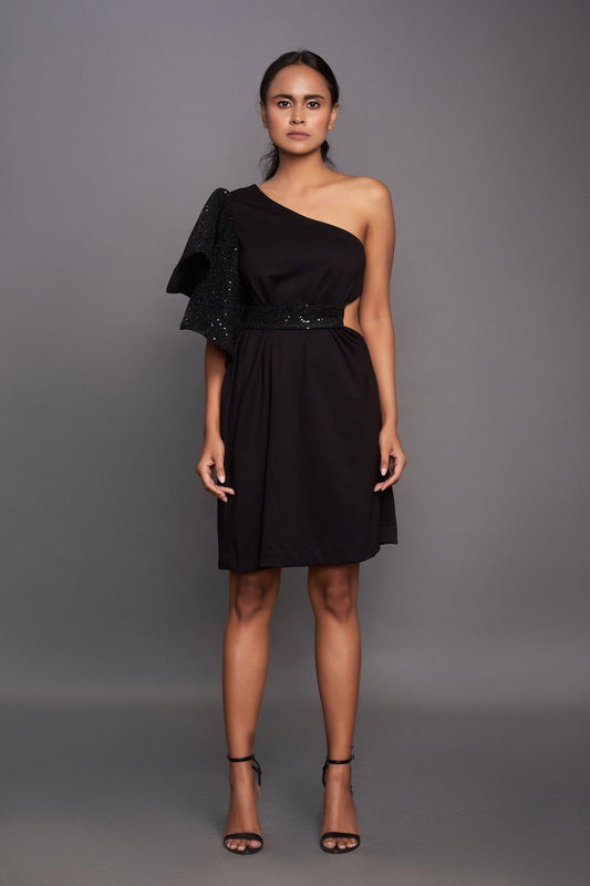 Black One Shoulder Dress With Cutout At Waist Sequence Attached Belt and Sleeve