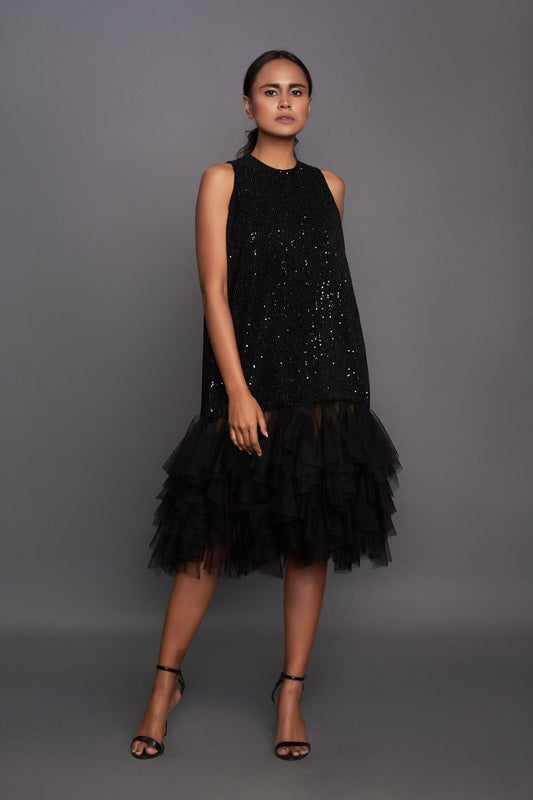 Black Sequence Dress With Frill Gathered Bottom