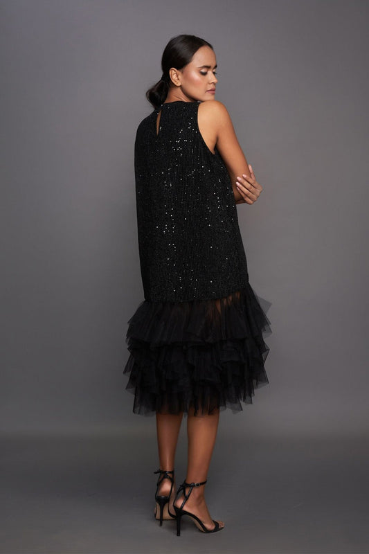 Black Sequence Dress With Frill Gathered Bottom