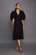 Load image into Gallery viewer, Black A-Line Dress With Cut Out At Waist & Sequence Sleeves