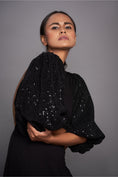 Load image into Gallery viewer, Black Dress Cut Out In Front With Oversized Sequence Sleeves