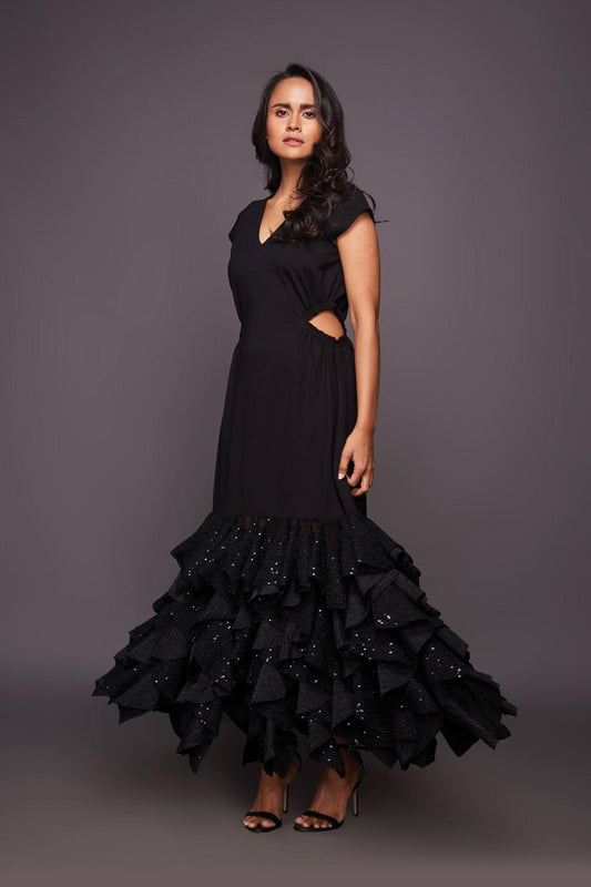 Black Sequin Ruffled Bottom Dress With Side Cutouts