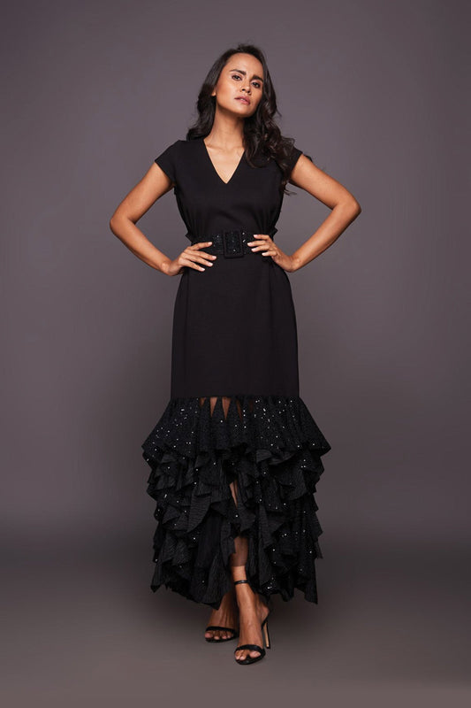 Black Sequin Ruffled Bottom Dress With Side Cutouts