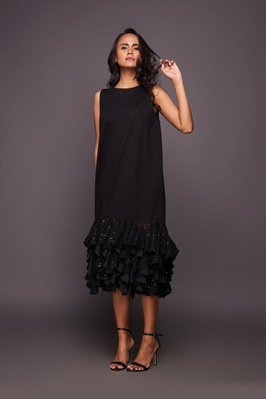 Black Shift Dress With Sequin Ruffled Bottom