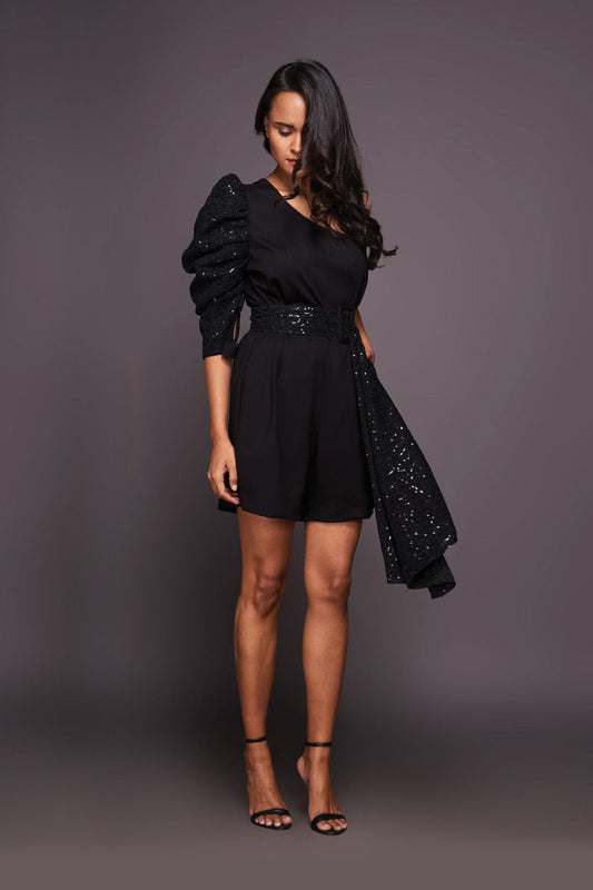Black Playsuit With Sequin Sleeves And Belt