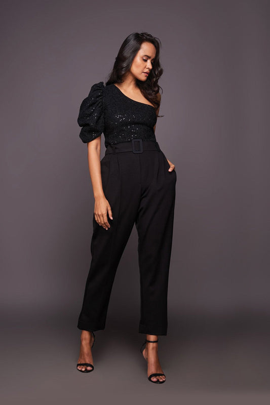 Black One Shoulder Bodysuit With Straight Pants