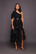 Load image into Gallery viewer, Black One Shoulder Bodysuit With Sequin Ruffled Skirt