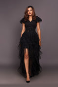 Load image into Gallery viewer, Black V Neck Ruffled Dress With Cutwork And Sequin Belt