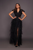 Load image into Gallery viewer, Black V Neck Ruffled Dress With Cutwork And Sequin Belt