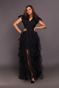 Load image into Gallery viewer, Black V Neck Ruffled Dress With Cutwork And Sequin Belt