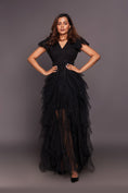 Load image into Gallery viewer, Black V Neck Ruffled Dress With Cutwork And Sequin Belt
