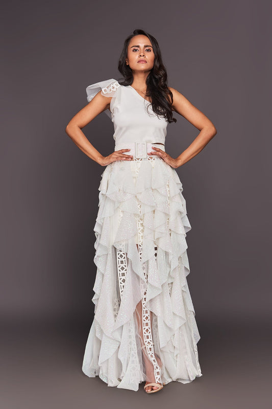 White One Shoulder Sequined Ruffled Dress With Sequin Belt