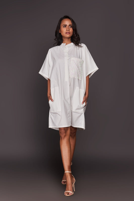 White Shirt Dress With Sequin Patch Pocket