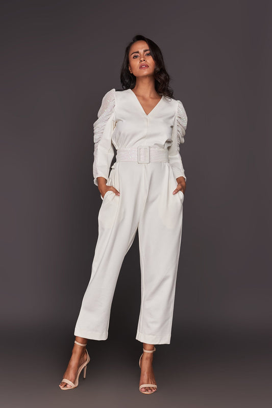 White Jumpsuit With Sequin Sleeves And Belt