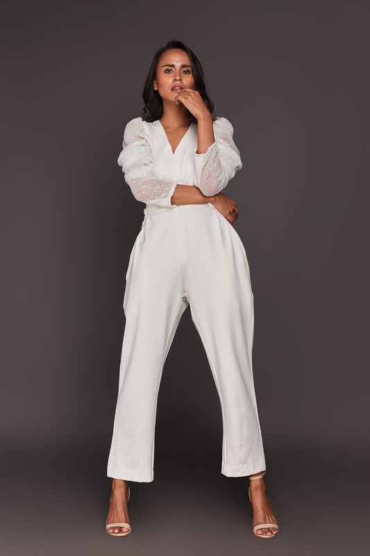 White Jumpsuit With Sequin Sleeves And Belt