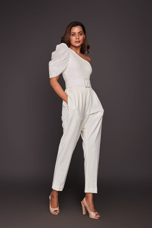 White One Shoulder Bodysuit With Straight Pants