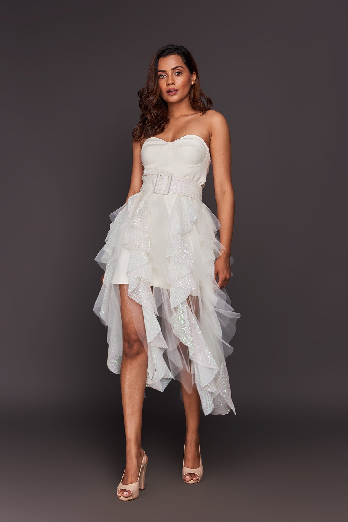 White Corset Top With Sequin Ruffled Skirt – Deepika Arora