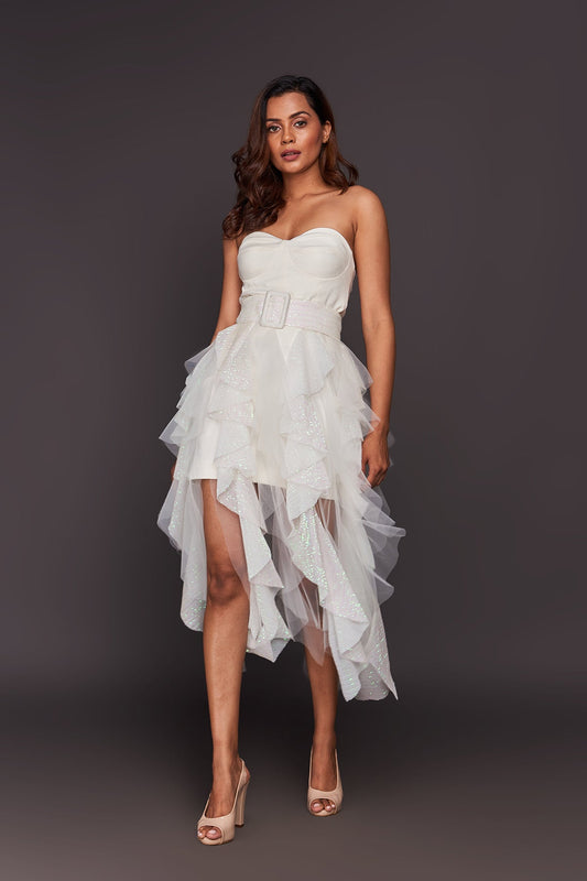 White Corset Top With Sequin Ruffled Skirt