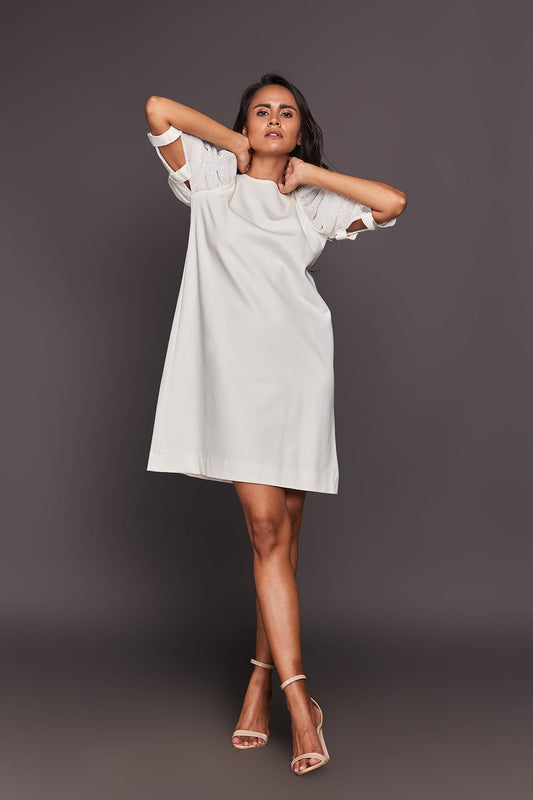 White Sequin Sleeves Shift Dress
