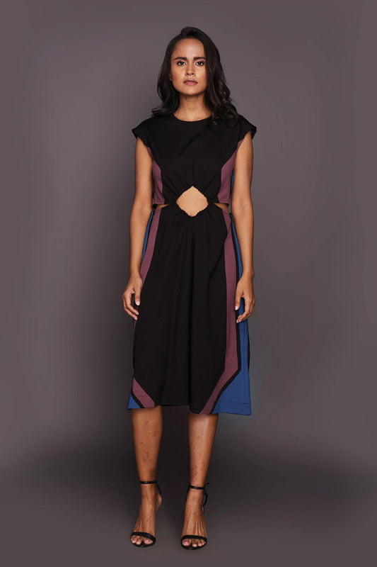 Black Multi Block Straight Dress With Cutouts