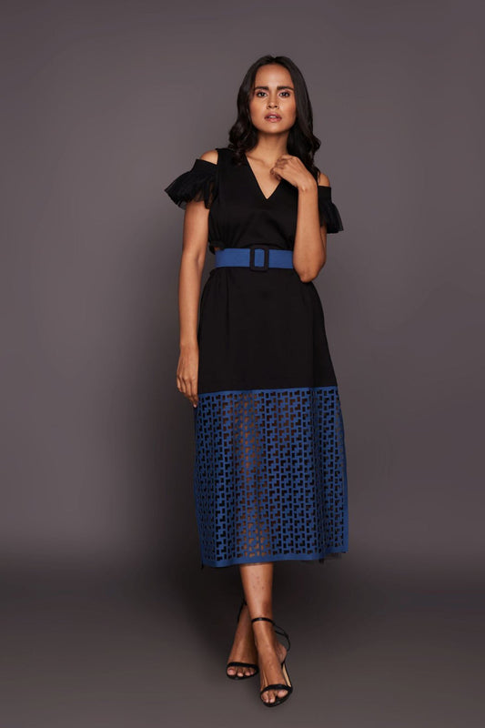 Black & Blue Cold Shoulder Dress With Cutwork