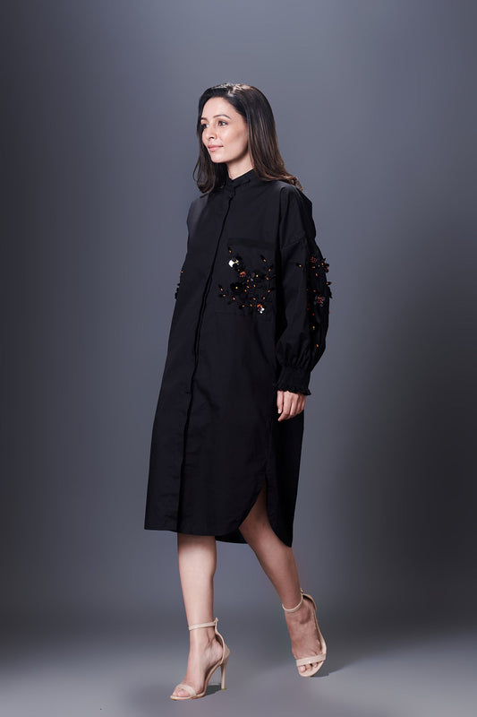 Black Shirt Dress With Hand Embroidered Pocket And Sleeves