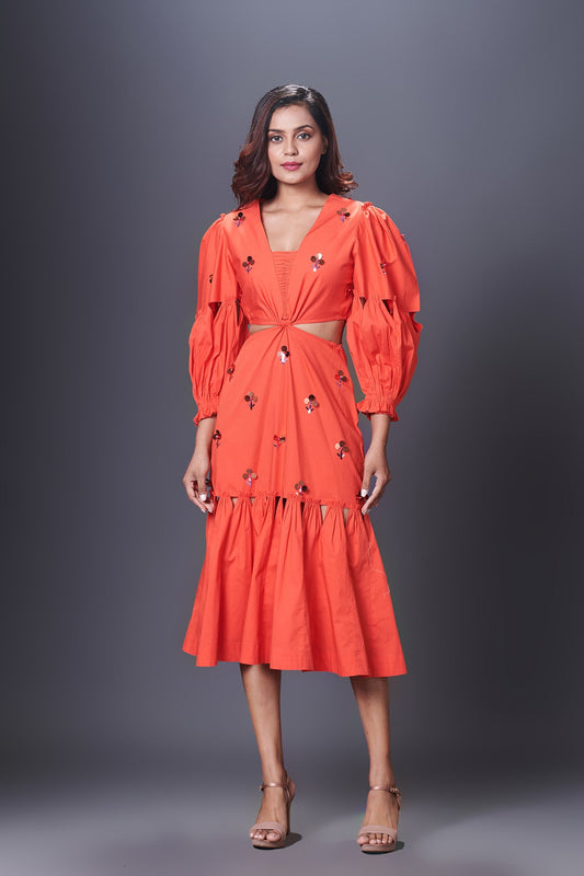 Orange Hand Embroidered Cutout Dress With Puffed Sleeves