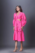 Load image into Gallery viewer, Pink Hand Embroidered Cutout Dress With Puffed Sleeves