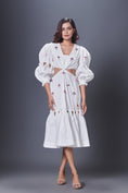 Load image into Gallery viewer, White Hand Embroidered Cutout Dress With Puffed Sleeves