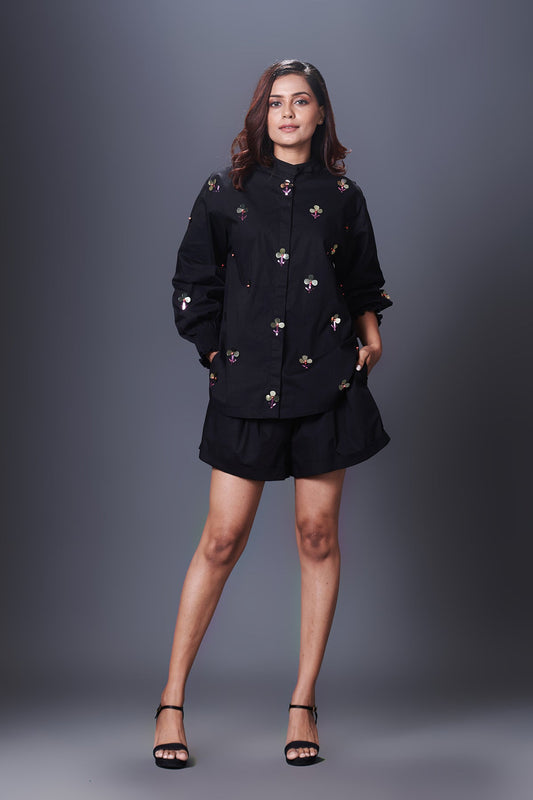 Black Hand Embroidered Shirt With Shorts Co-Ord Set