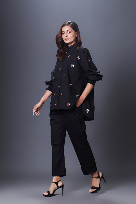 Black Hand Embroidered Shirt With Pants Co-Ord Set